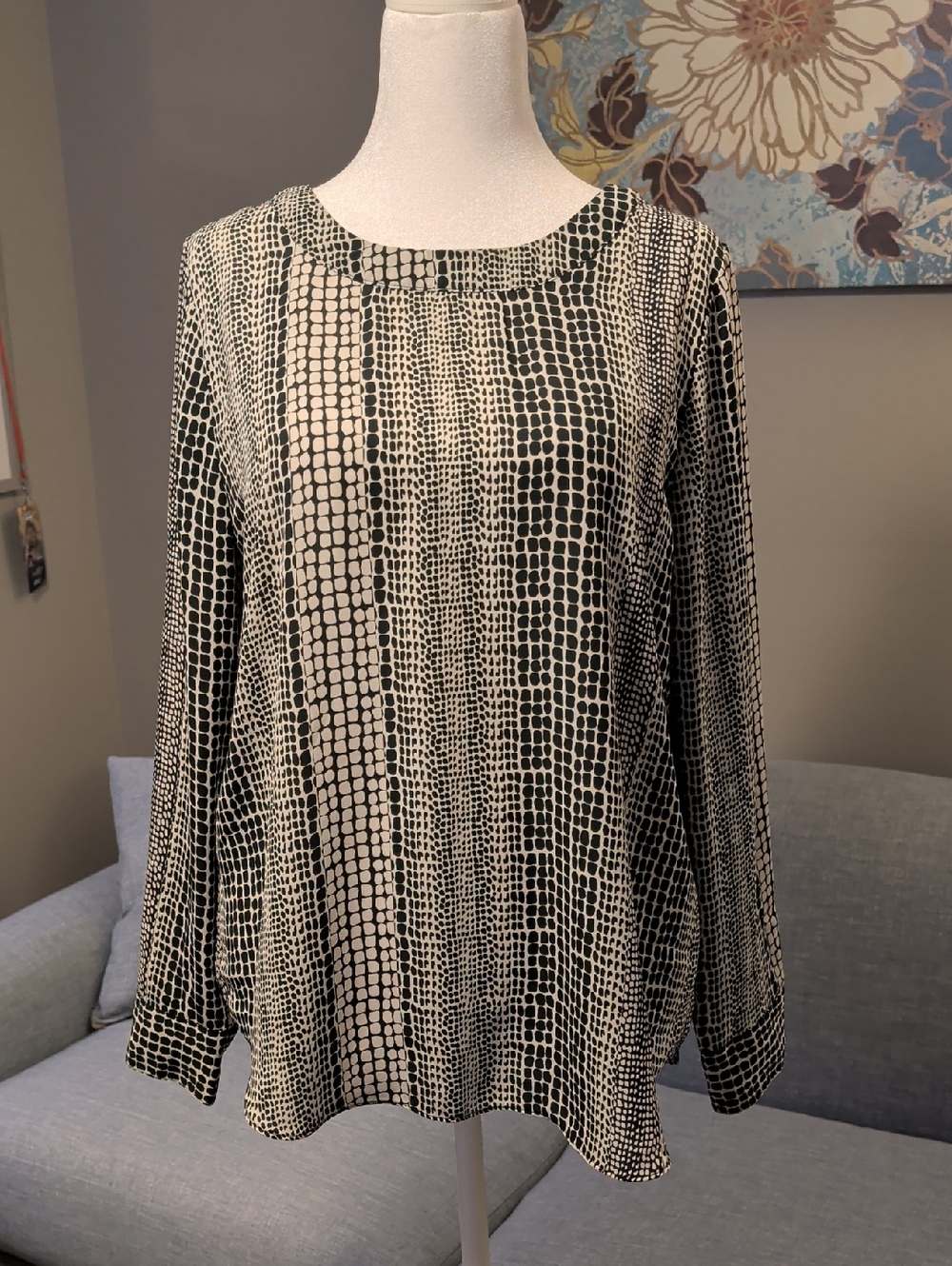 Banana Republic Factory Dark Green and White Animal Print Long-Sleeve Blouse
